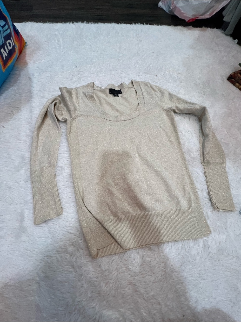 attention Metallic Cream Scoop Neck Sweater